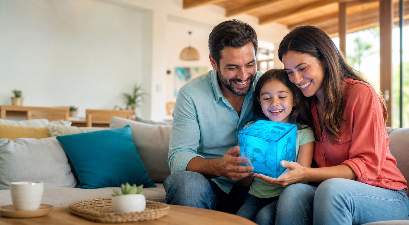 Familia feliz recibiendo un Cubo Mágico personalizado
